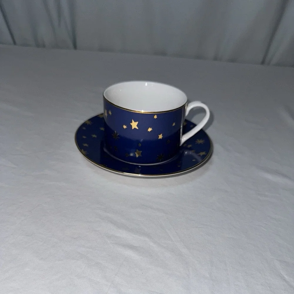 Sakura Galaxy Fine Porcelain Flat Bottom Tea Cup & Saucer Celestial Gold Stars